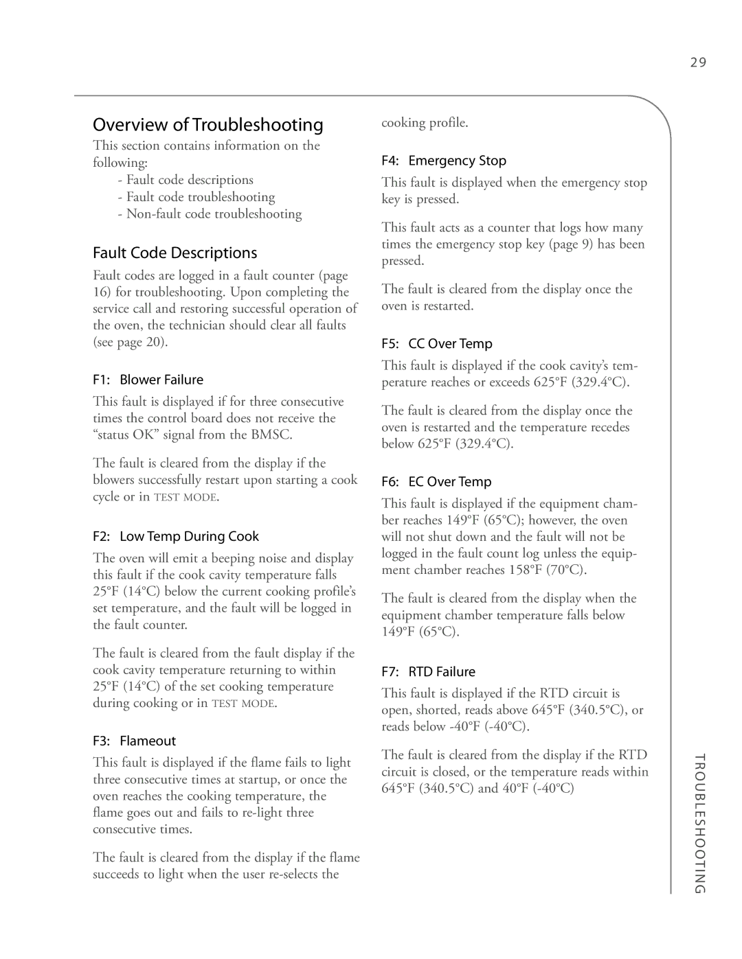 Turbo Chef Technologies 3240 manual Overview of Troubleshooting, Fault Code Descriptions, Cooking profile 