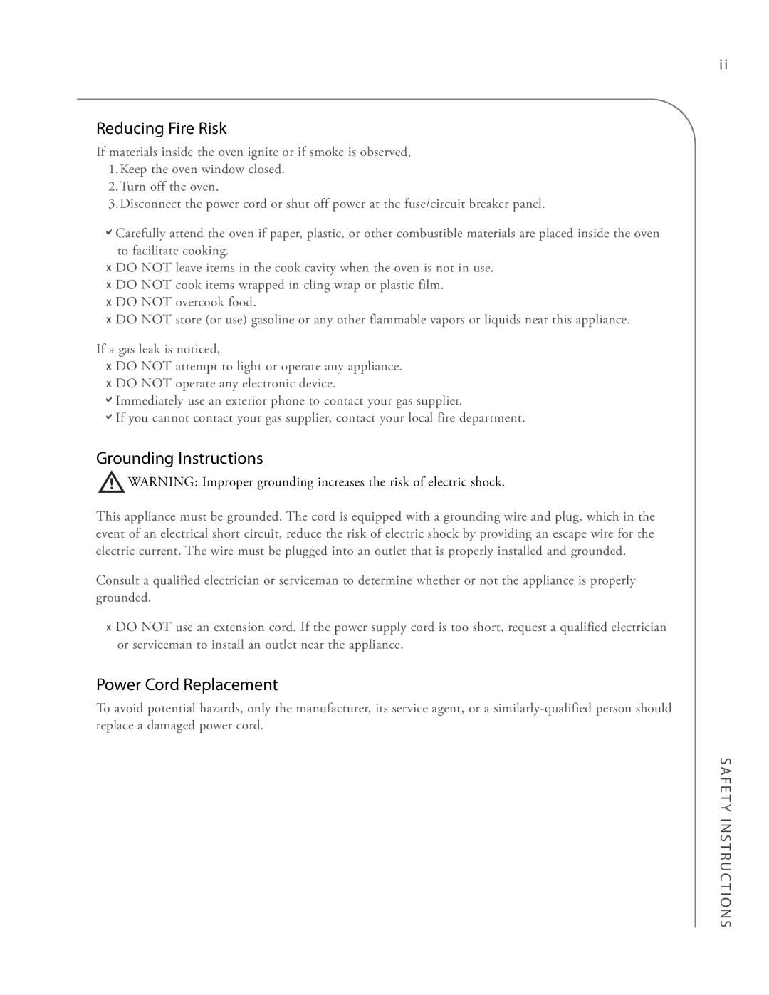 Turbo Chef Technologies 3240 manual Reducing Fire Risk, Grounding Instructions, Power Cord Replacement 