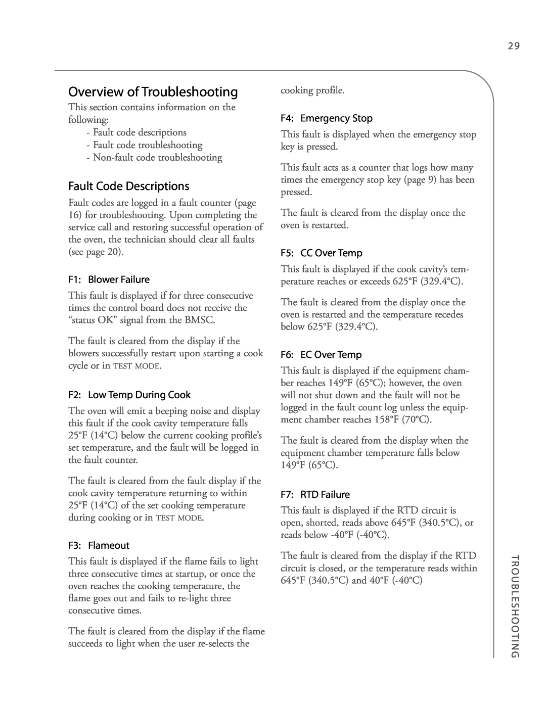 Turbo Chef Technologies 3240 manual Overview of Troubleshooting, Fault Code Descriptions 