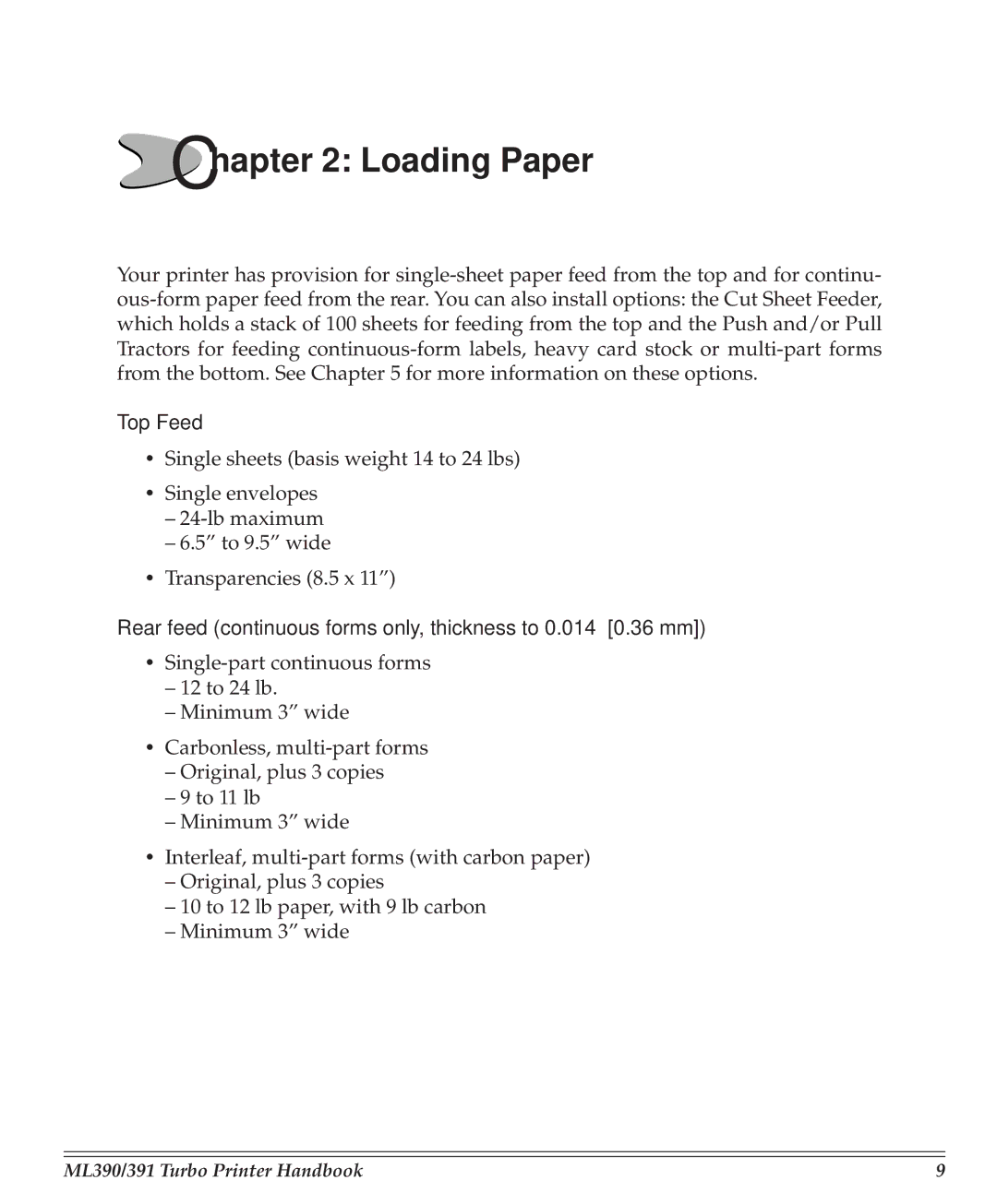 Turbo Chef Technologies 390/391 manual Loading Paper, Top Feed, Rear feed continuous forms only, thickness to 0.014 0.36 mm 