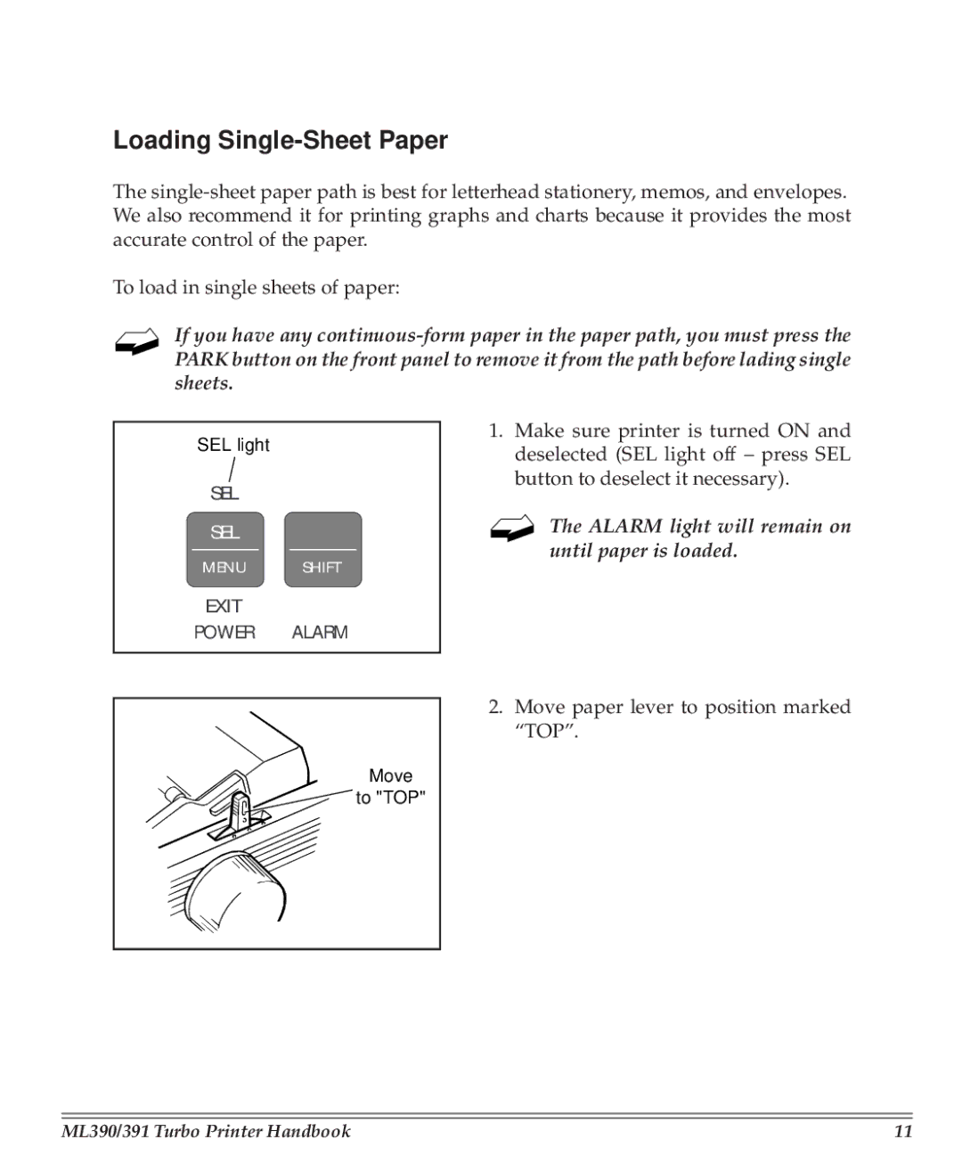 Turbo Chef Technologies 390/391 manual Loading Single-Sheet Paper, Alarm light will remain on until paper is loaded 