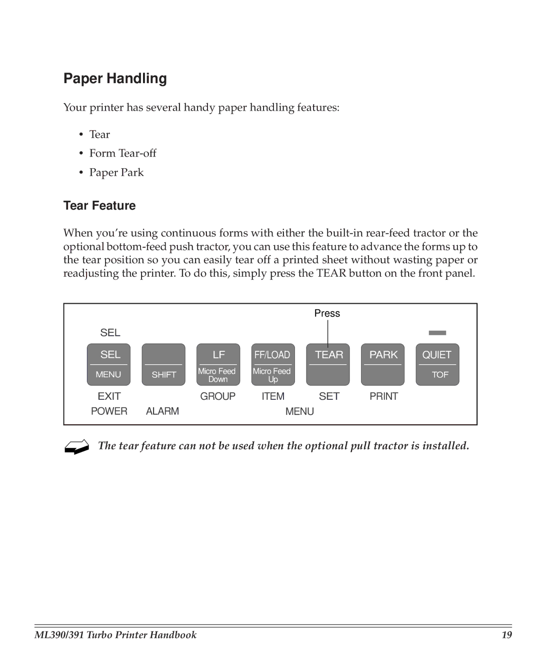 Turbo Chef Technologies 390/391 manual Paper Handling, Tear Feature 