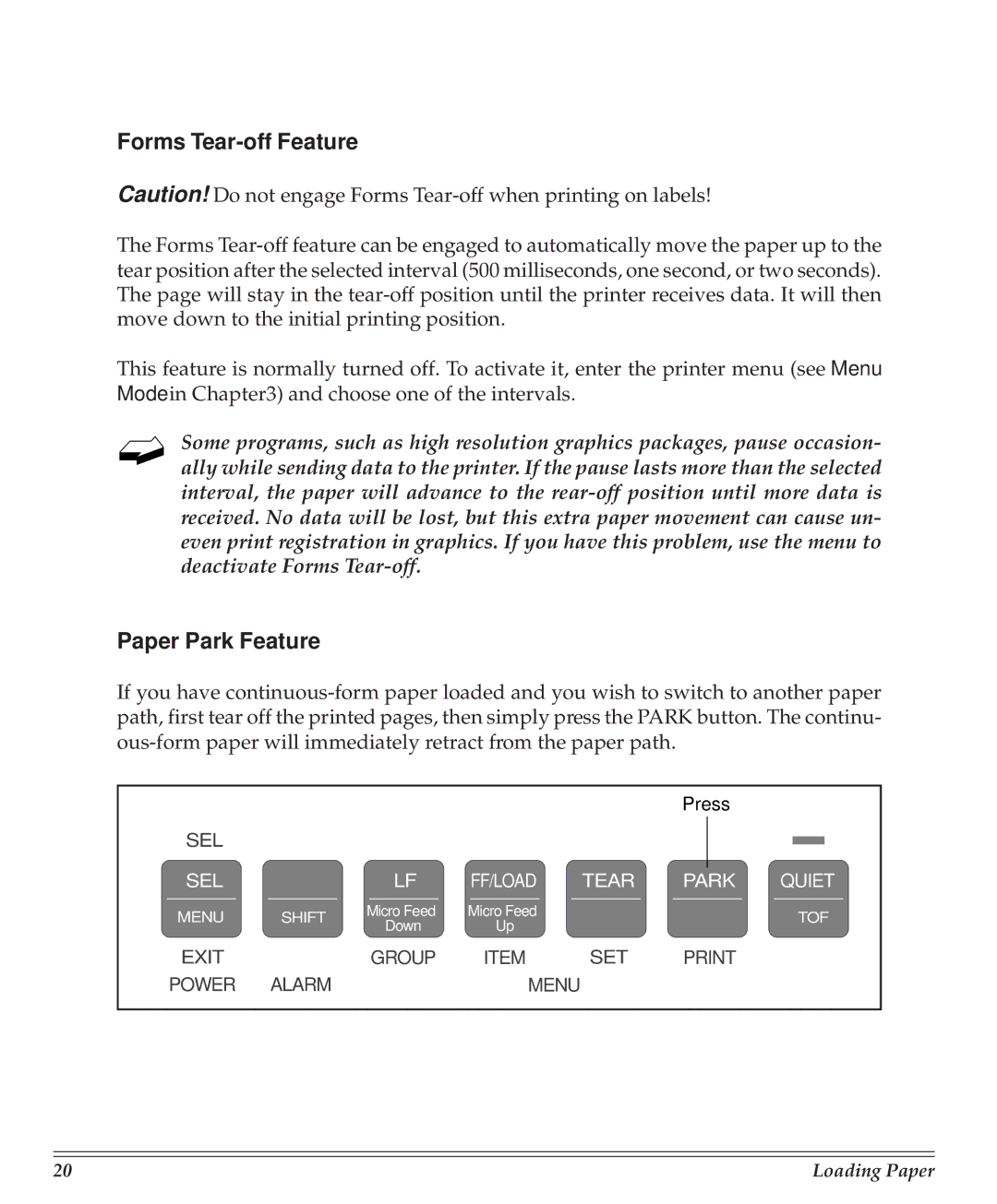 Turbo Chef Technologies 390/391 manual Forms Tear-off Feature, Paper Park Feature 