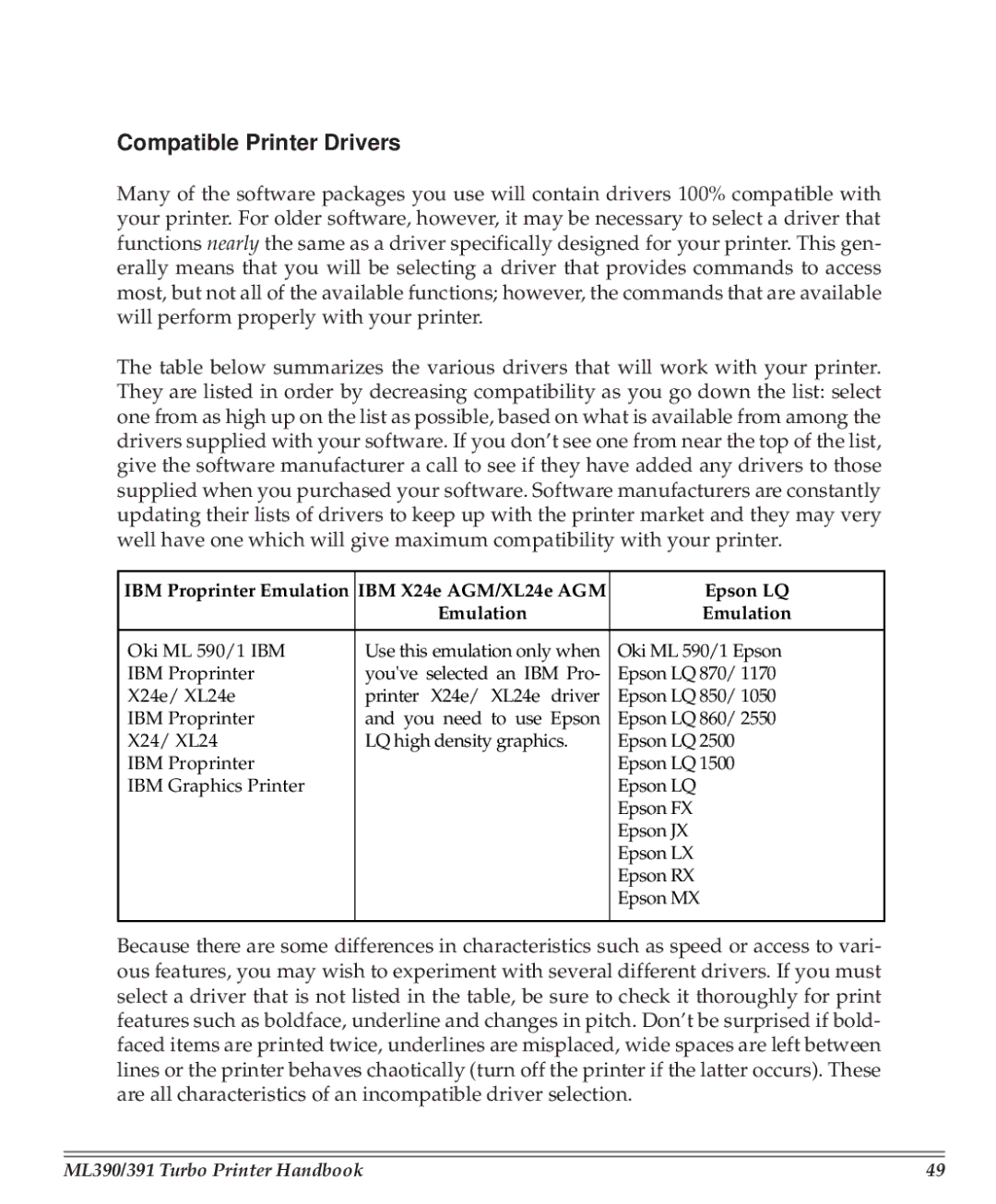 Turbo Chef Technologies 390/391 manual Compatible Printer Drivers, IBM Proprinter Emulation IBM X24e AGM/XL24e AGM Epson LQ 