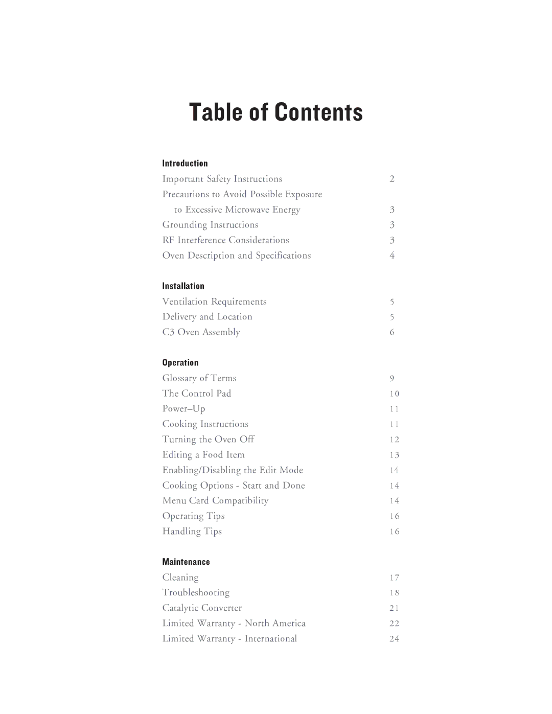 Turbo Chef Technologies C3 owner manual Table of Contents 