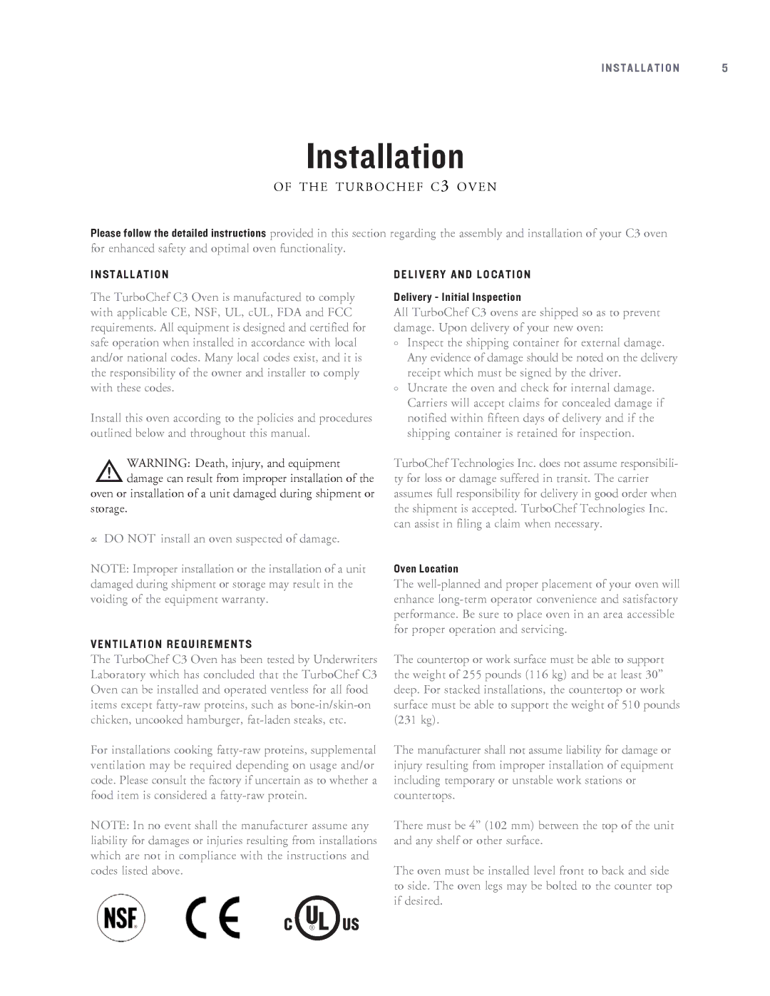 Turbo Chef Technologies C3 owner manual Installation, Ventilation Requirements, Delivery and Location 