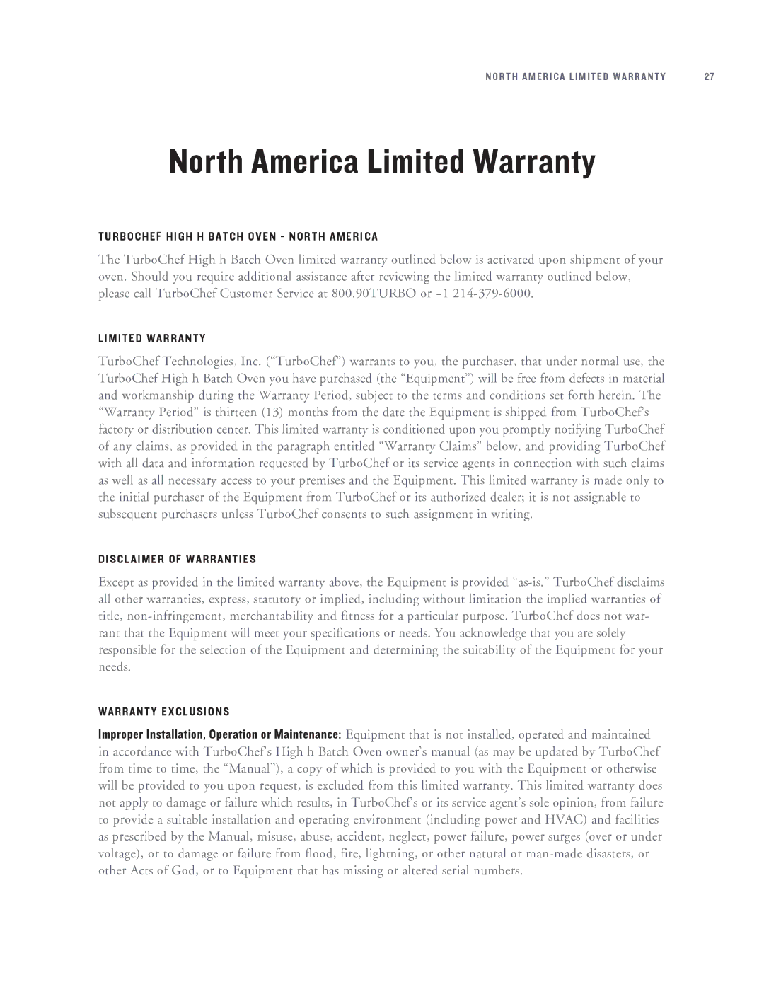 Turbo Chef Technologies HHB-8114, HHB-8708 owner manual North America Limited Warranty 