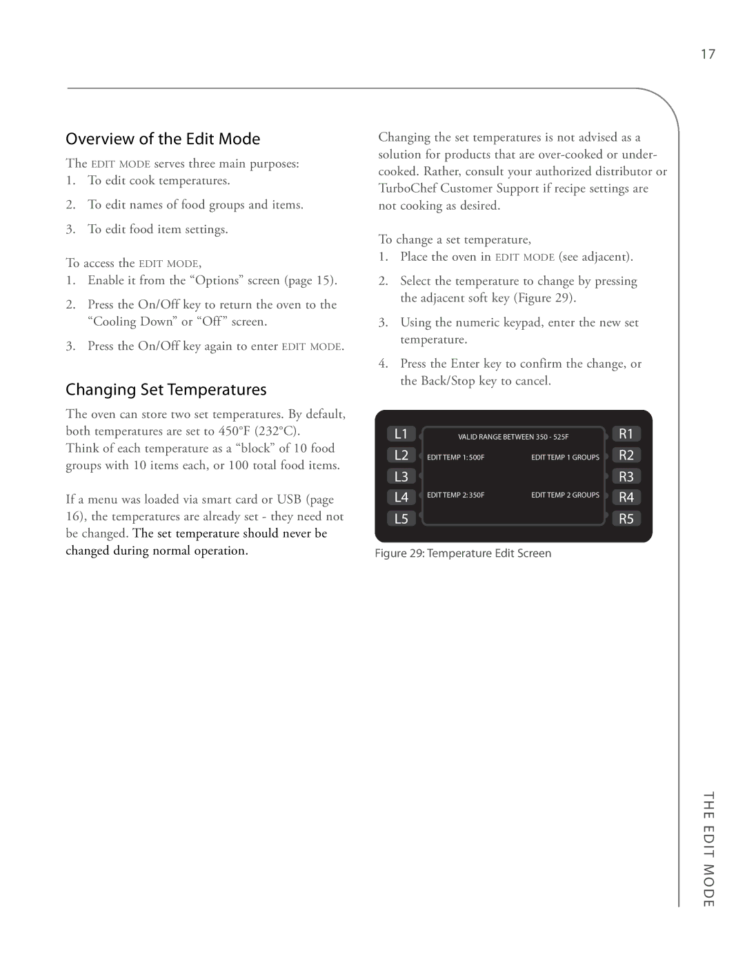 Turbo Chef Technologies i5, i3 owner manual Overview of the Edit Mode, Changing Set Temperatures 