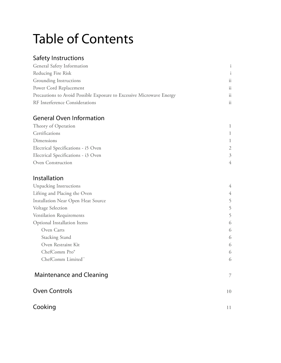 Turbo Chef Technologies i5, i3 owner manual Table of Contents 