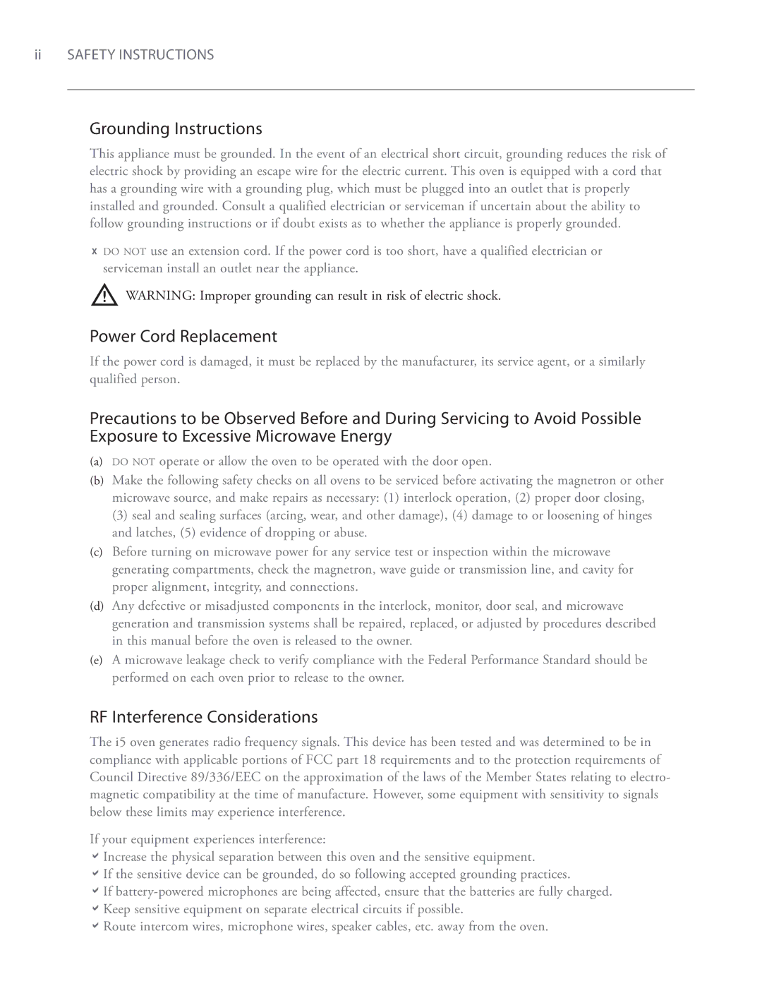 Turbo Chef Technologies i5 service manual Grounding Instructions, Power Cord Replacement, RF Interference Considerations 