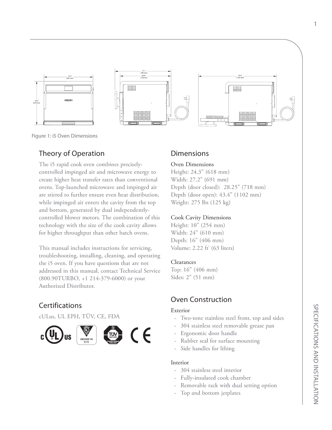 Turbo Chef Technologies i5 service manual Theory of Operation, Dimensions, Certifications, Oven Construction 