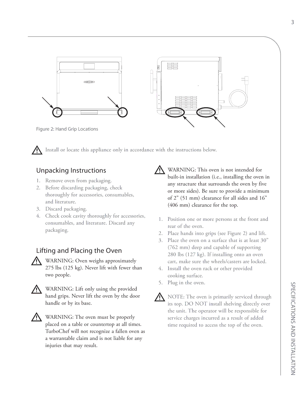 Turbo Chef Technologies i5 service manual Unpacking Instructions, Lifting and Placing the Oven 