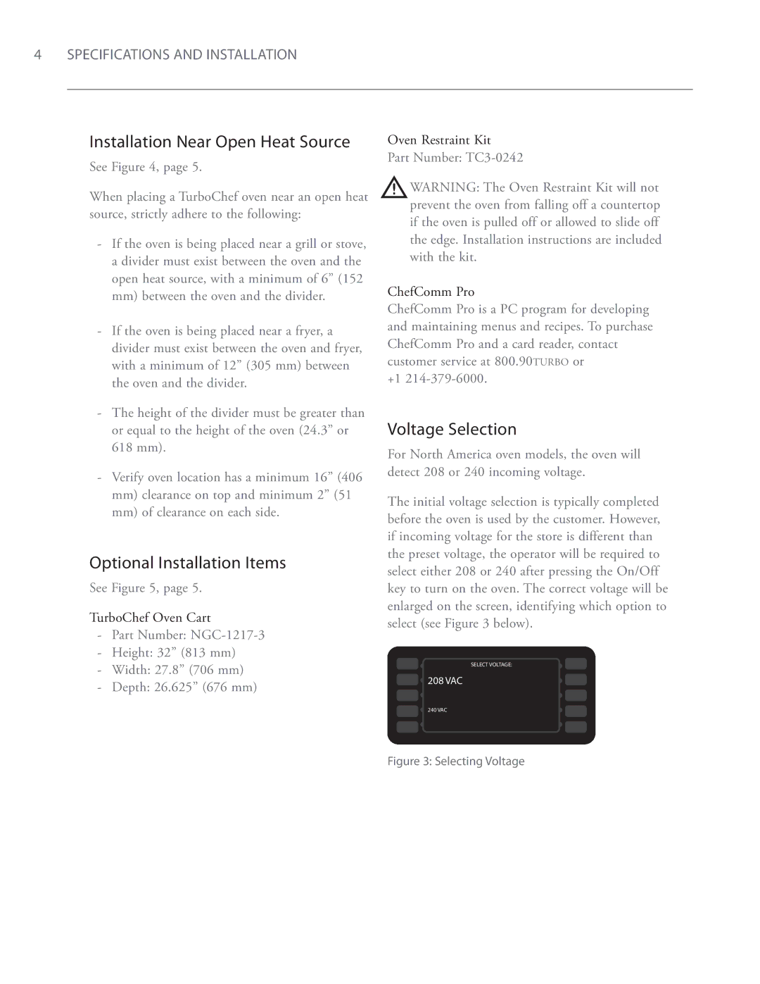 Turbo Chef Technologies i5 Installation Near Open Heat Source, Optional Installation Items, Voltage Selection 