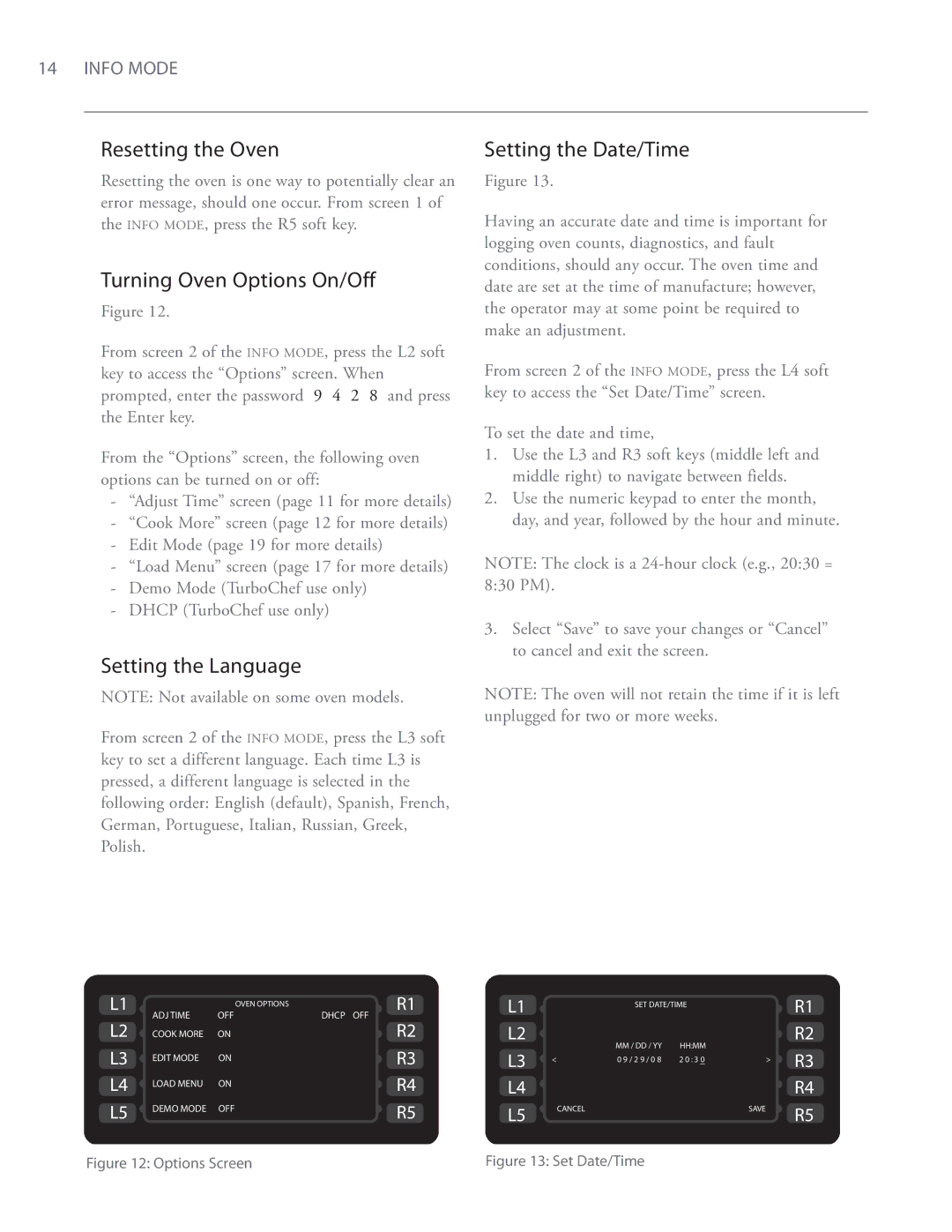 Turbo Chef Technologies i5 Resetting the Oven, Turning Oven Options On/Off, Setting the Language, Setting the Date/Time 