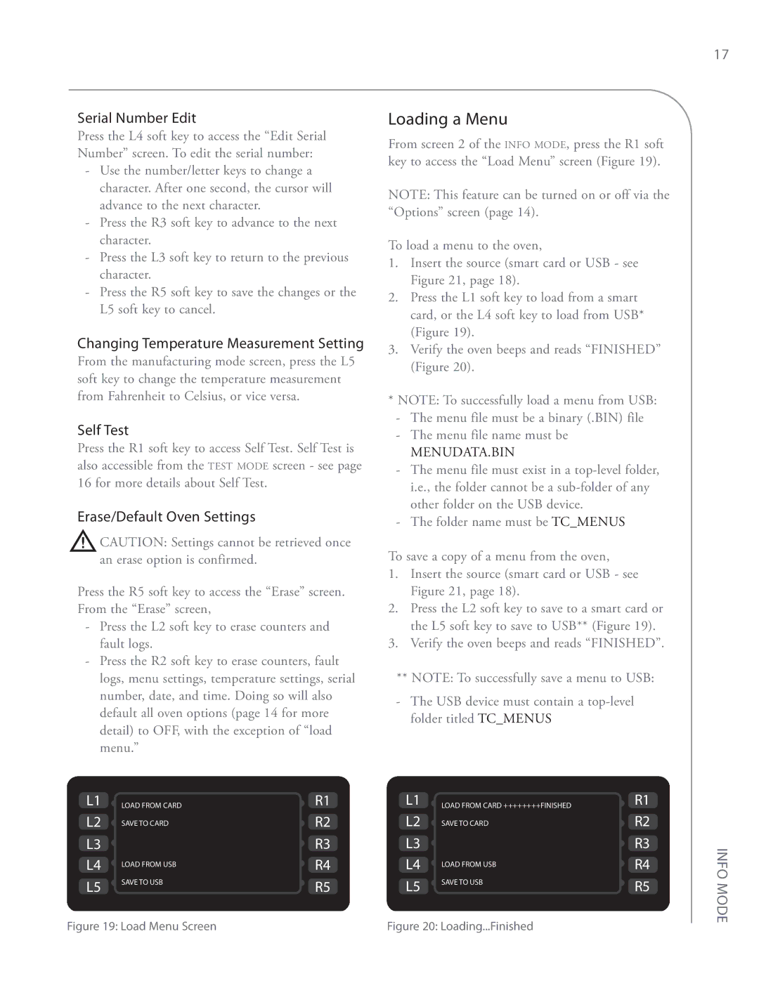 Turbo Chef Technologies i5 Loading a Menu, Serial Number Edit, Changing Temperature Measurement Setting, Self Test 