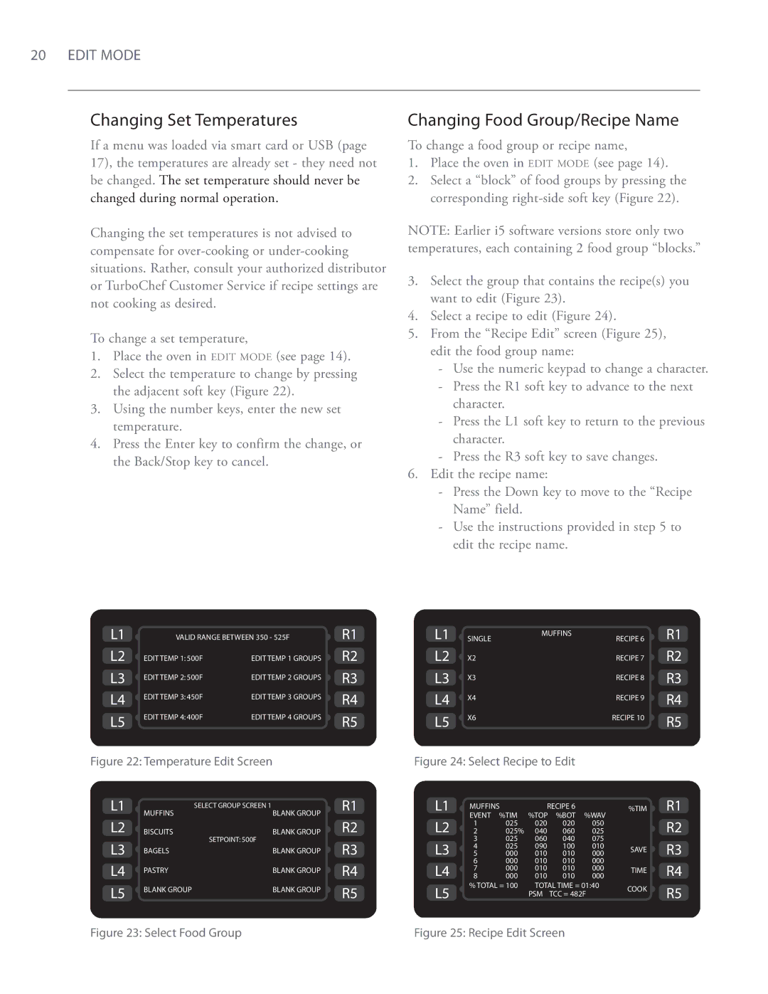 Turbo Chef Technologies i5 service manual Changing Set Temperatures, Changing Food Group/Recipe Name 