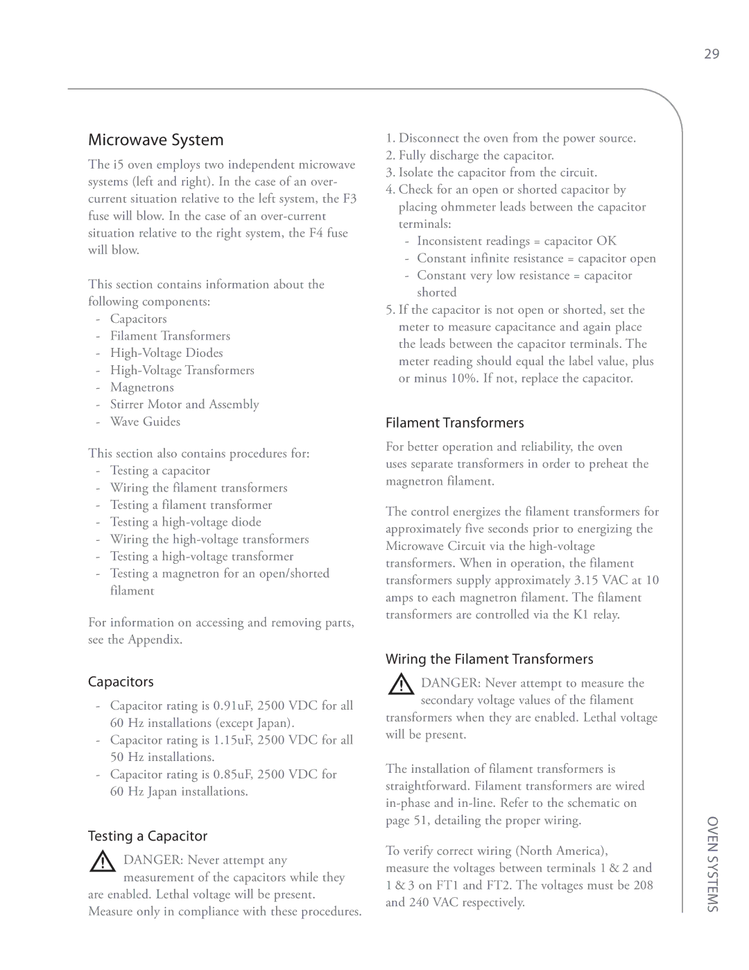 Turbo Chef Technologies i5 service manual Microwave System, Capacitors, Testing a Capacitor, Filament Transformers 