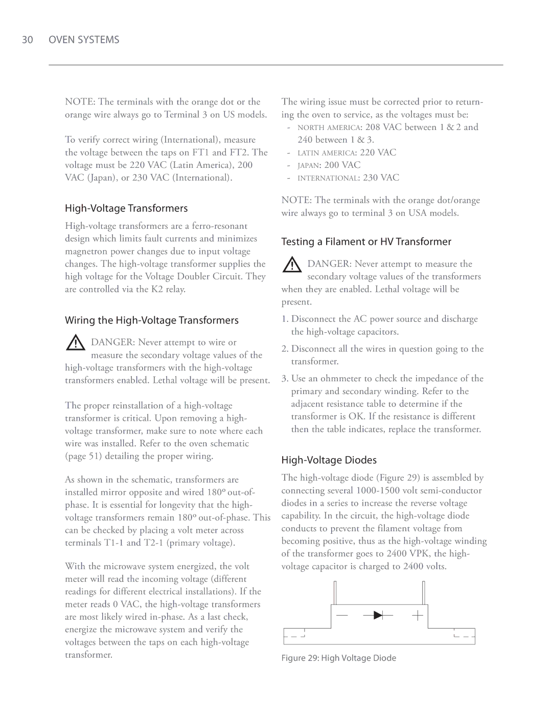 Turbo Chef Technologies i5 service manual Wiring the High-Voltage Transformers, Testing a Filament or HV Transformer 