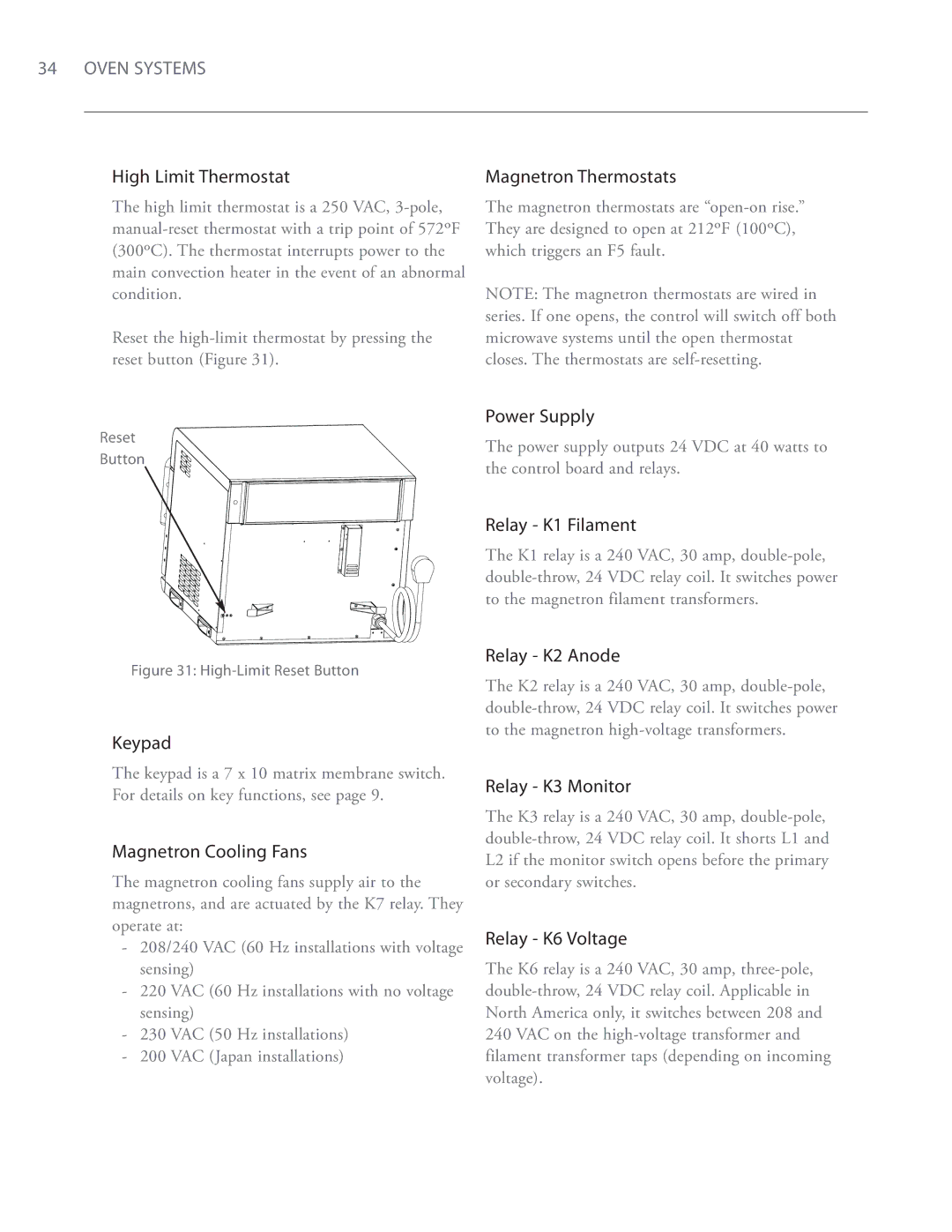 Turbo Chef Technologies i5 High Limit Thermostat, Magnetron Thermostats, Power Supply, Relay K1 Filament, Keypad 