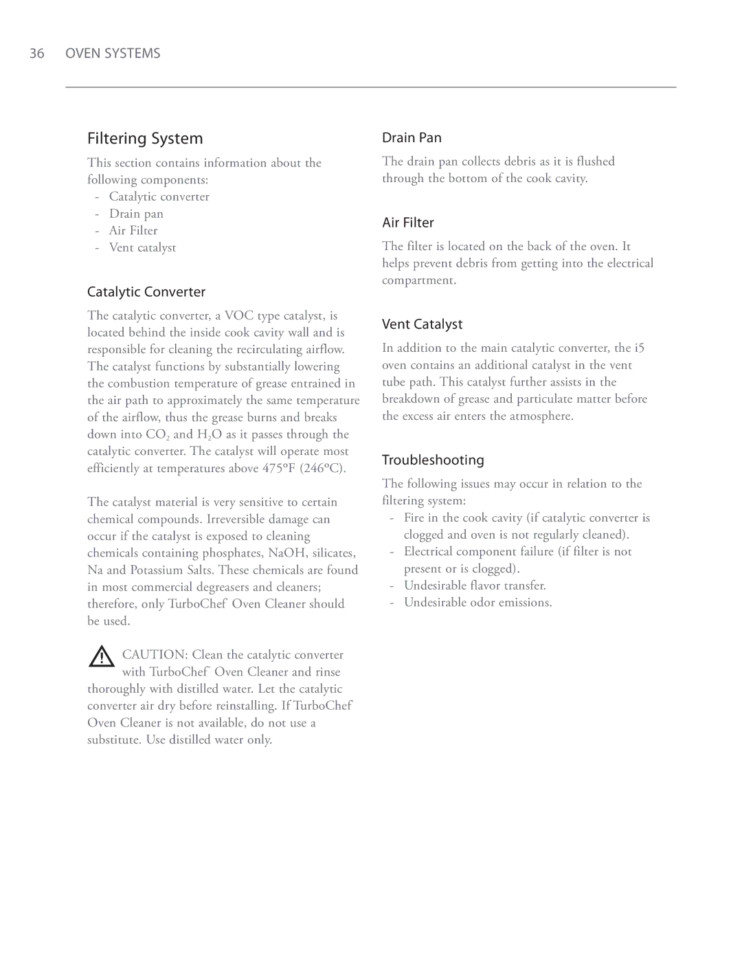 Turbo Chef Technologies i5 service manual Filtering System, Catalytic Converter, Drain Pan, Air Filter, Vent Catalyst 