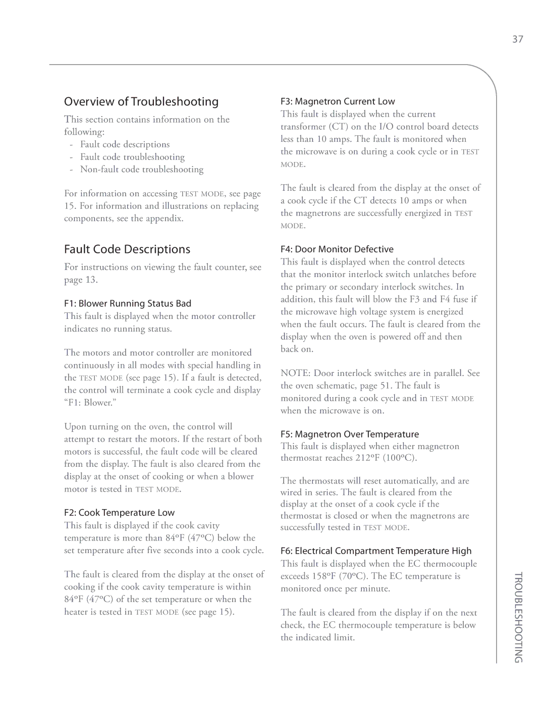 Turbo Chef Technologies i5 service manual Overview of Troubleshooting, Fault Code Descriptions 