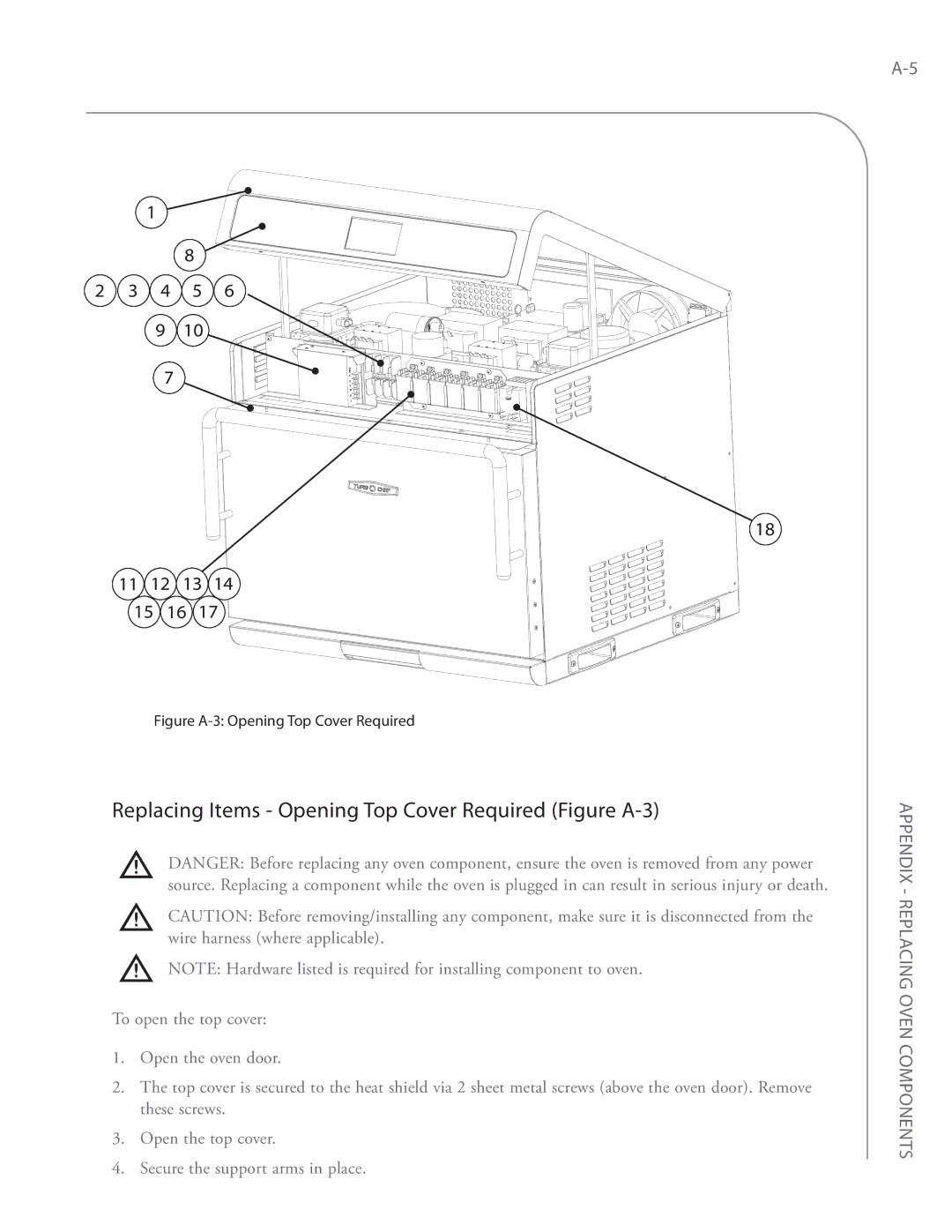 Turbo Chef Technologies i5 service manual Replacing Items Opening Top Cover Required Figure A-3, 4 5 11 12 13 15 16 