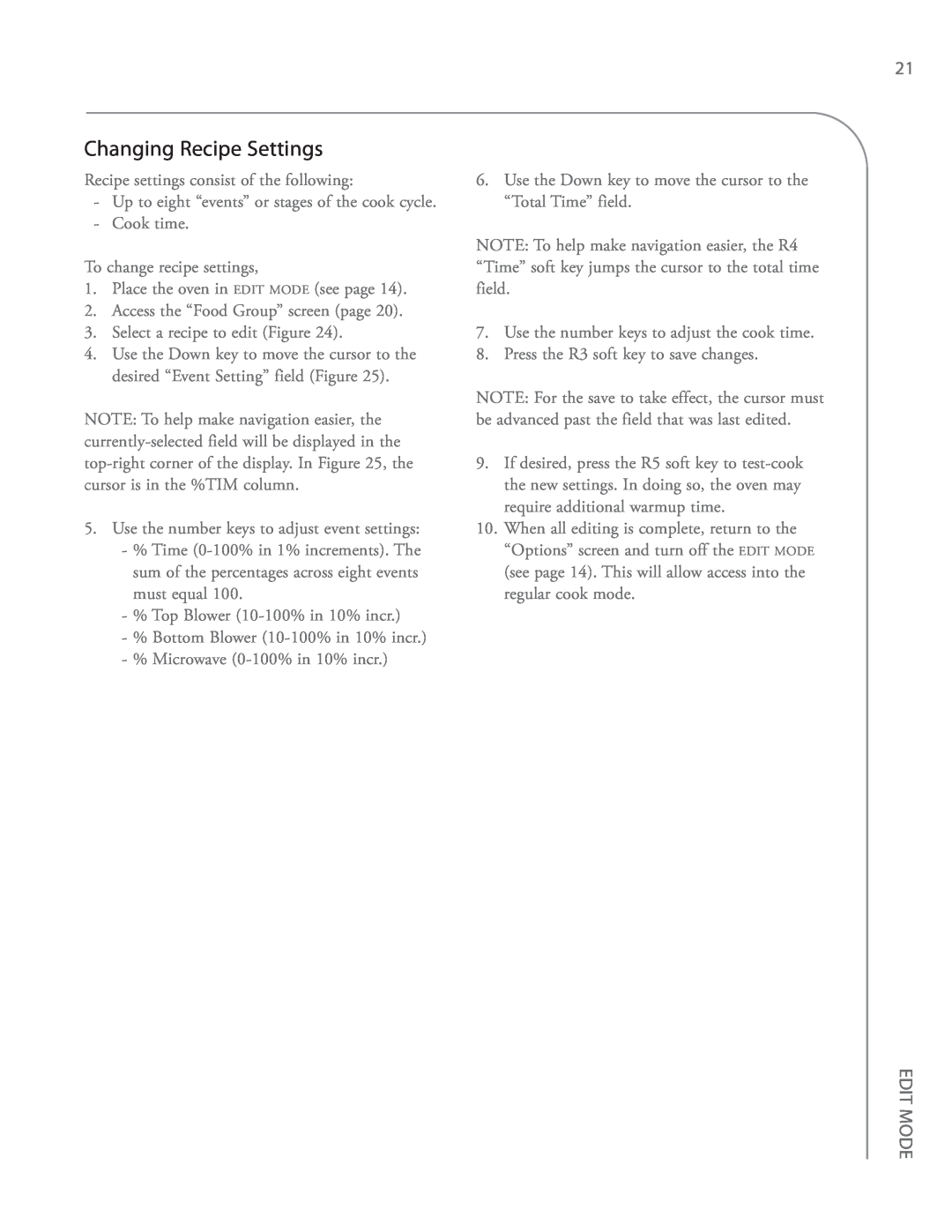 Turbo Chef Technologies i5 service manual Changing Recipe Settings, Edit Mode 