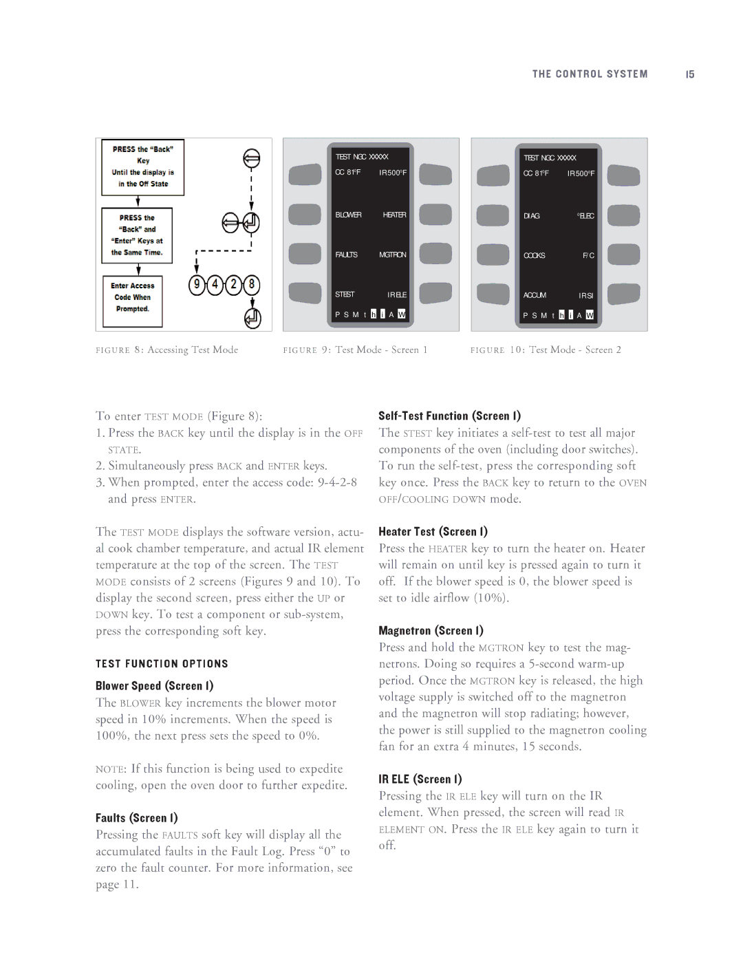 Turbo Chef Technologies NGC-1007 Blower Speed Screen, Faults Screen, Self-Test Function Screen, Heater Test Screen 