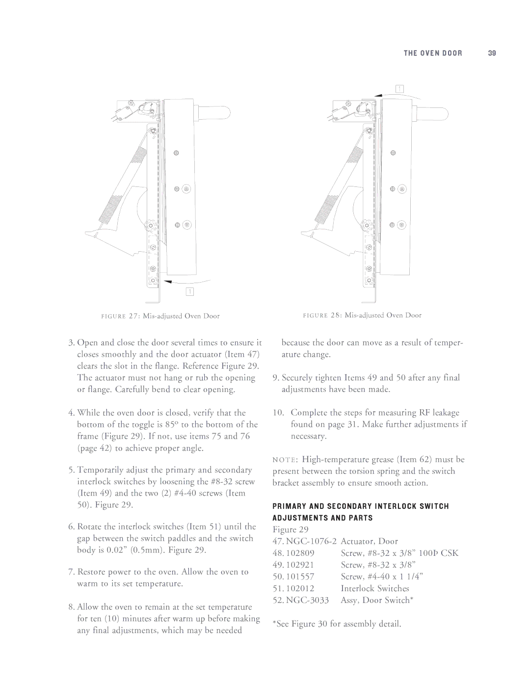 Turbo Chef Technologies NGC-1007 service manual Primary and Secondary Interlock Switch Adjustments and Parts 