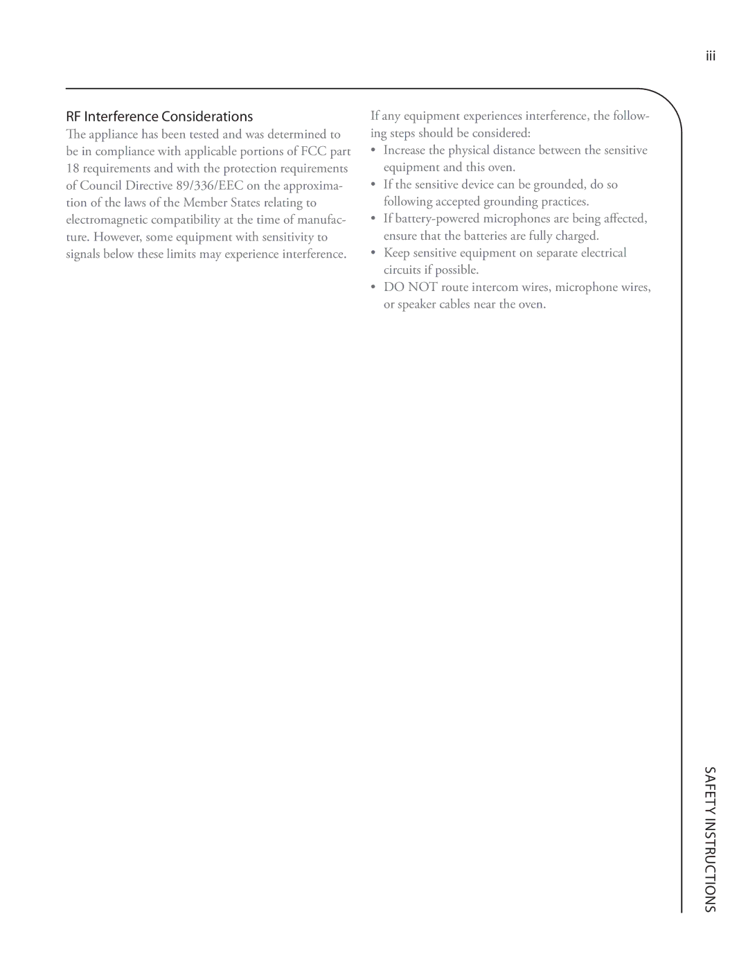 Turbo Chef Technologies Residential Single and Double Wall Oven service manual RF Interference Considerations, Iii 