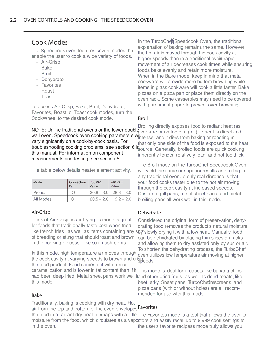 Turbo Chef Technologies Residential Single and Double Wall Oven service manual Cook Modes 