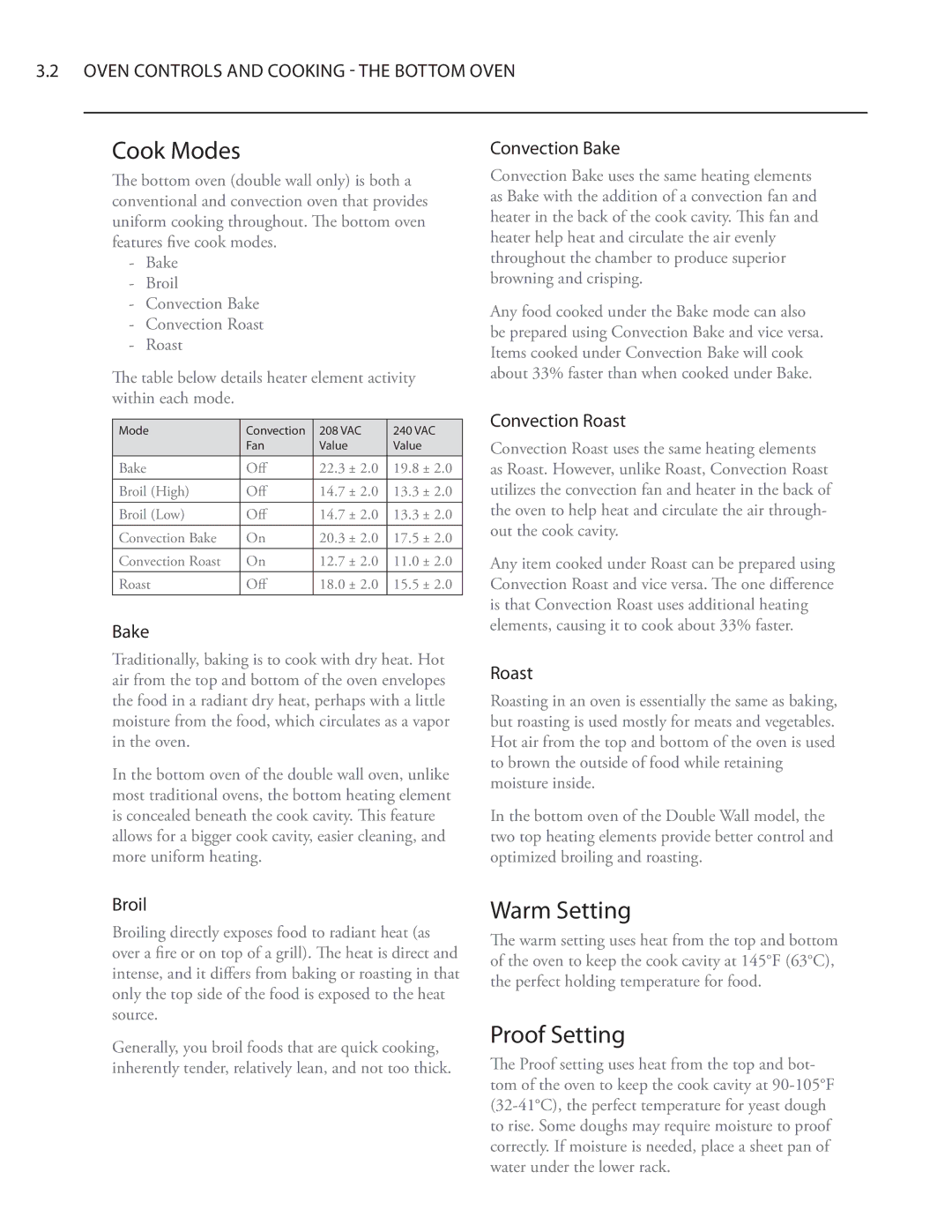 Turbo Chef Technologies Residential Single and Double Wall Oven service manual Warm Setting, Proof Setting, Convection Bake 