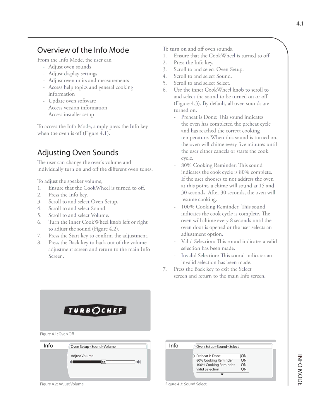 Turbo Chef Technologies Residential Single and Double Wall Oven Overview of the Info Mode, Adjusting Oven Sounds 