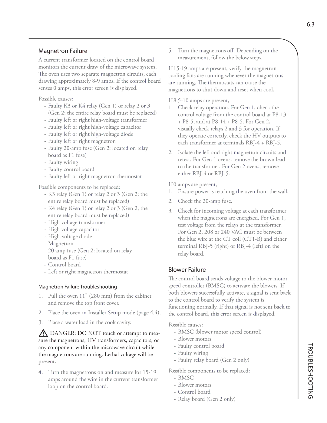 Turbo Chef Technologies Residential Single and Double Wall Oven service manual Magnetron Failure, Blower Failure 