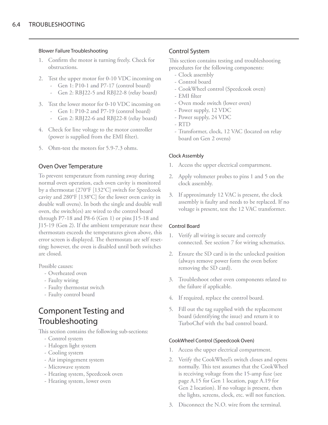 Turbo Chef Technologies Residential Single and Double Wall Oven Component Testing Troubleshooting, Control System 