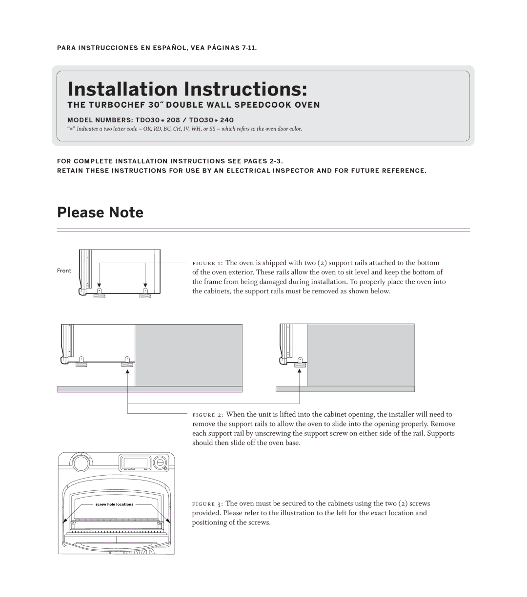 Turbo Chef Technologies TD030* 208 installation instructions Please Note, Front 