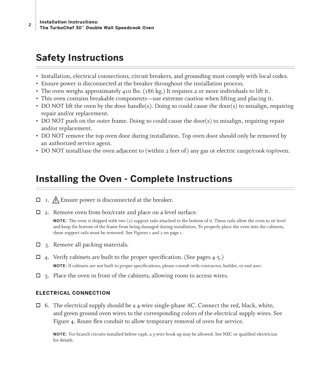 Turbo Chef Technologies TD030* 208 installation instructions Safety Instructions, Installing the Oven Complete Instructions 