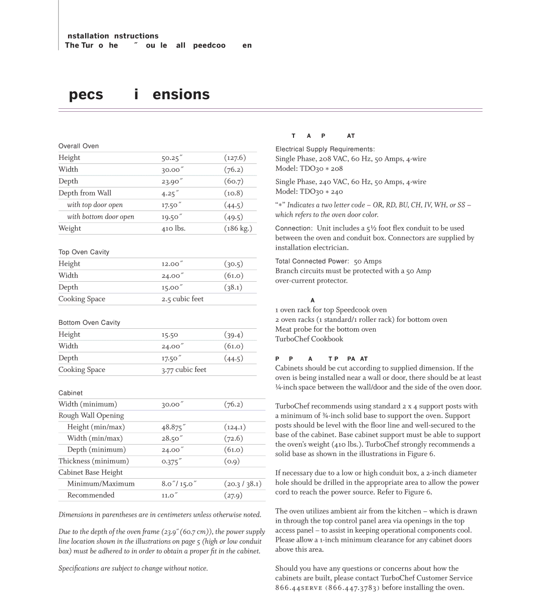 Turbo Chef Technologies TD030* 208 installation instructions Specs & Dimensions, With bottom door open 