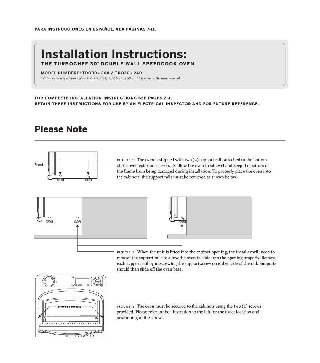 Turbo Chef Technologies TD030* 208 installation instructions Installation Instructions, Please Note 
