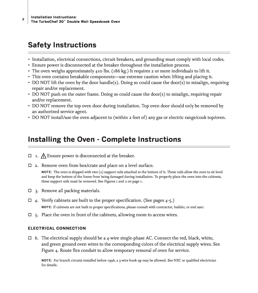 Turbo Chef Technologies TD030* 208 Safety Instructions, Installing the Oven - Complete Instructions 