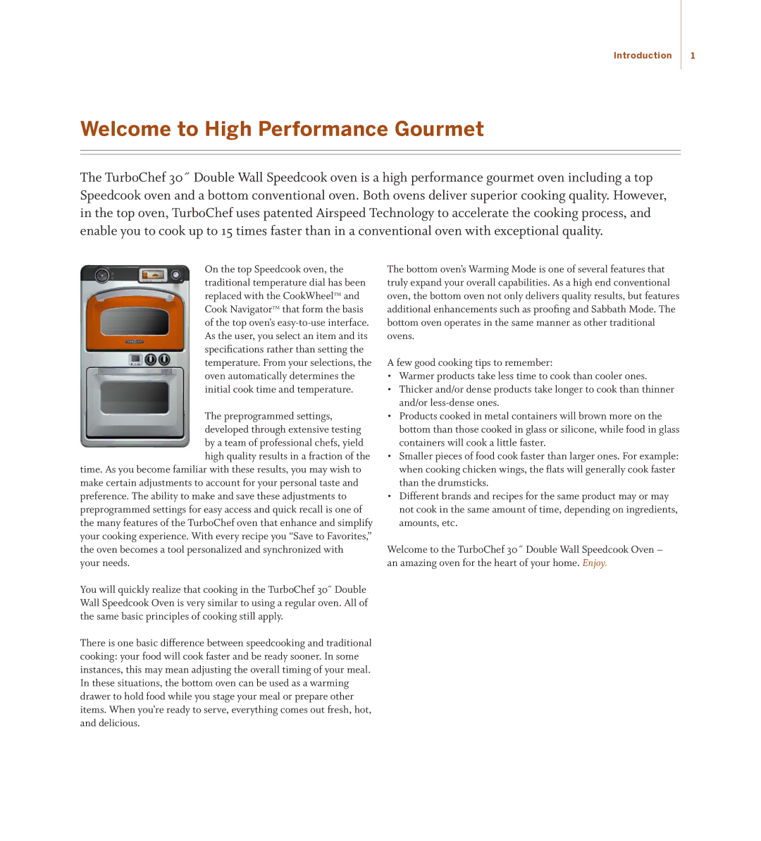 Turbo Chef Technologies TD030*240, TD030*208 manual Welcome to High Performance Gourmet, Introduction 