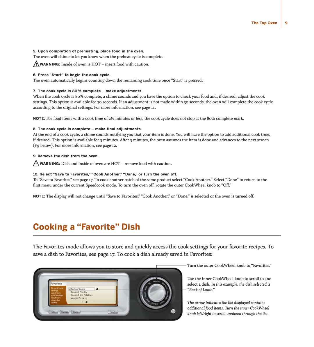 Turbo Chef Technologies TD030*240 manual Cooking a “Favorite” Dish, Upon completion of preheating, place food in the oven 