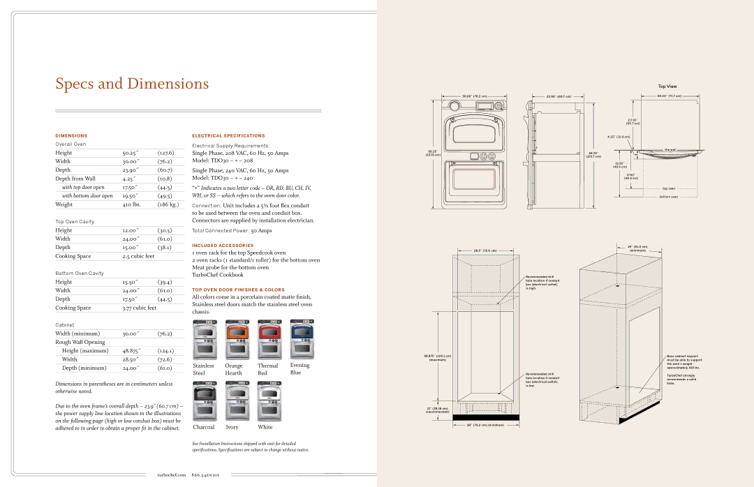 Turbo Chef Technologies TDO30 * 208, TDO30 * 240 manual Specs and Dimensions, With bottom door open 