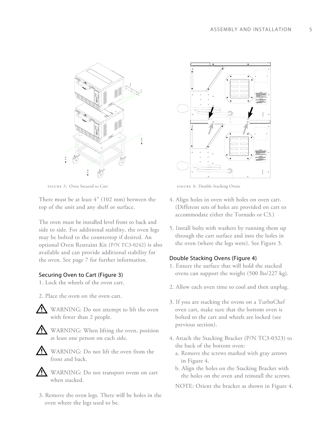 Turbo Chef Technologies Tornado 2 owner manual Securing Oven to Cart Figure, Double Stacking Ovens Figure 