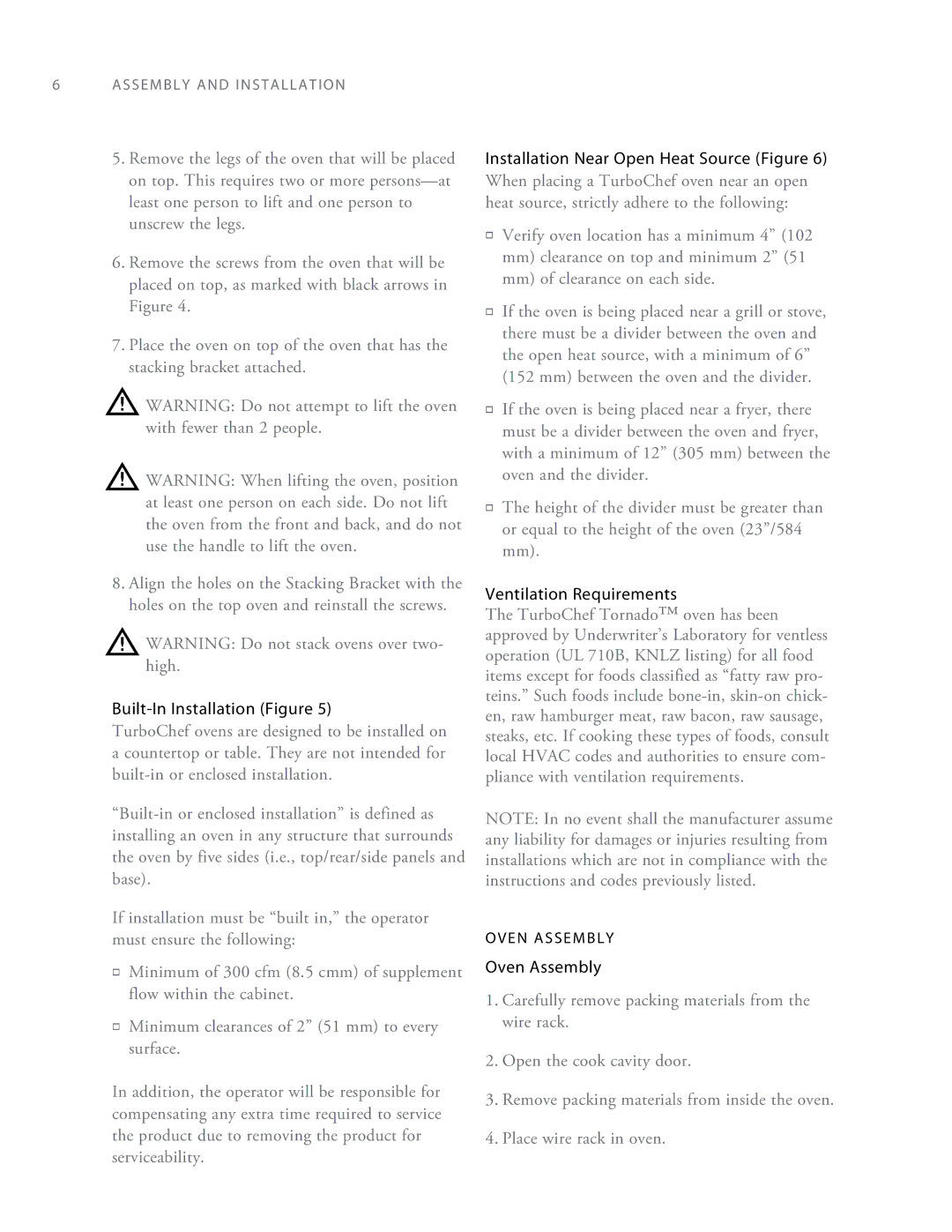 Turbo Chef Technologies Tornado 2 owner manual Built-In Installation Figure, Ventilation Requirements, Oven Assembly 