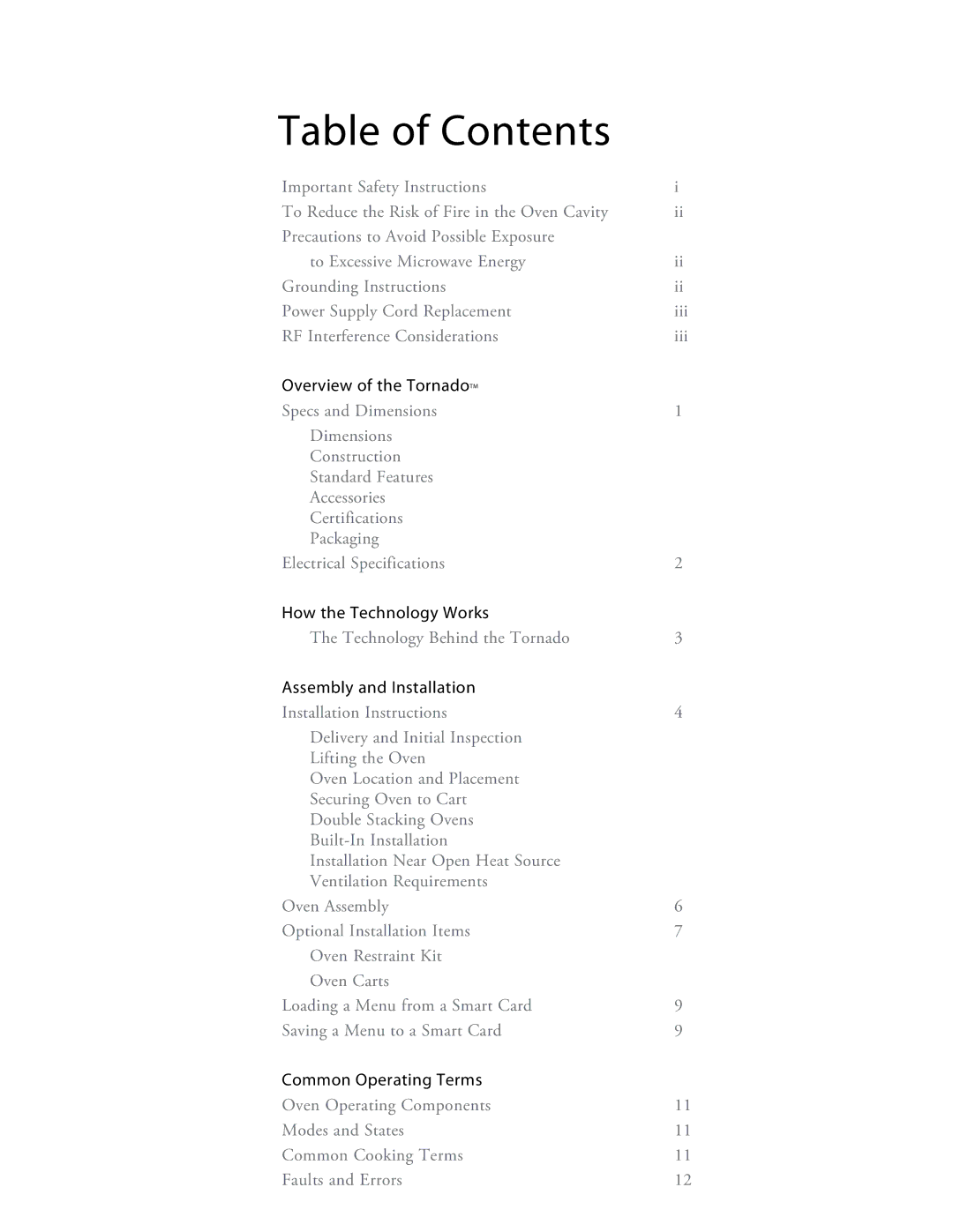 Turbo Chef Technologies Tornado 2 owner manual Table of Contents 