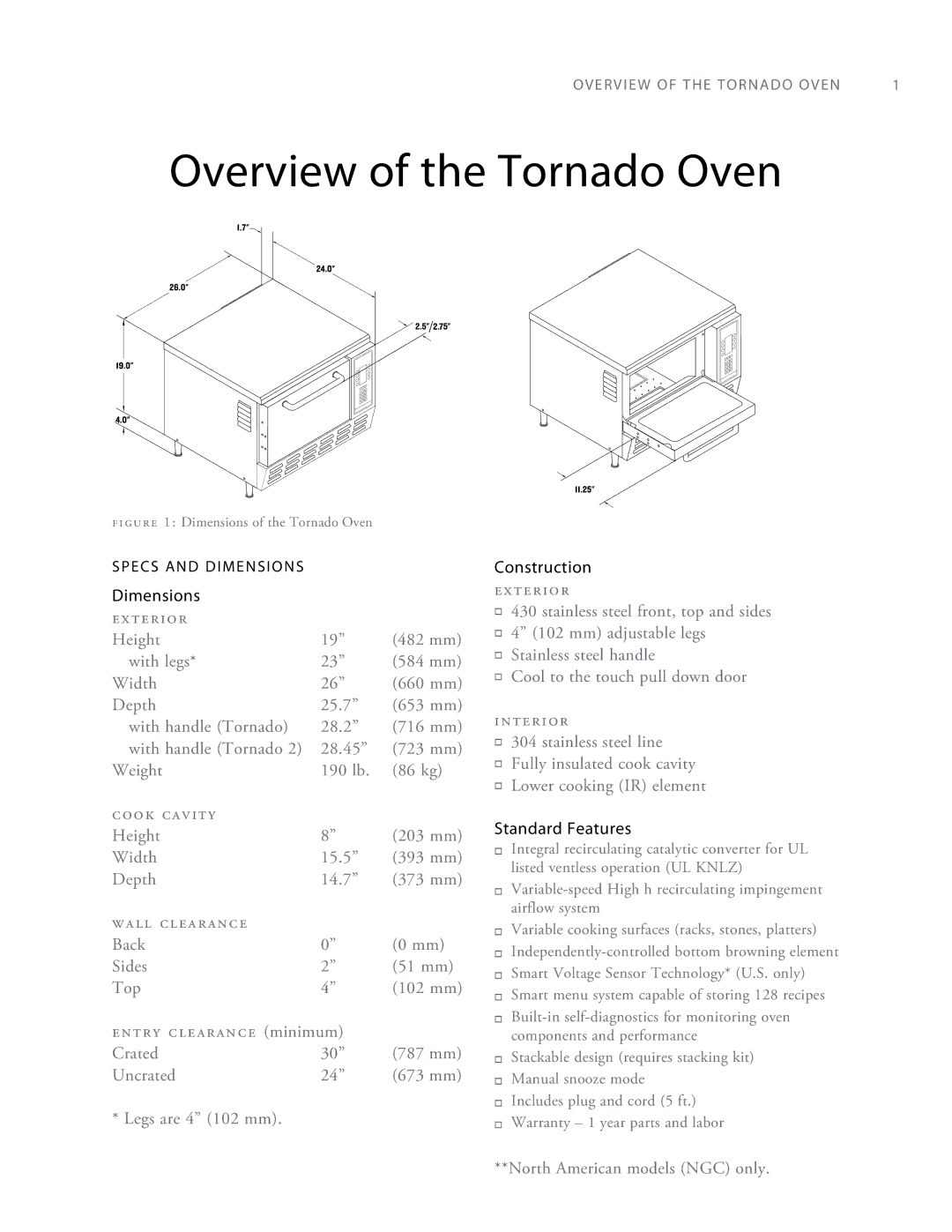 Turbo Chef Technologies Tornado 2 owner manual Overview of the Tornado Oven, Construction exterior, Standard Features 