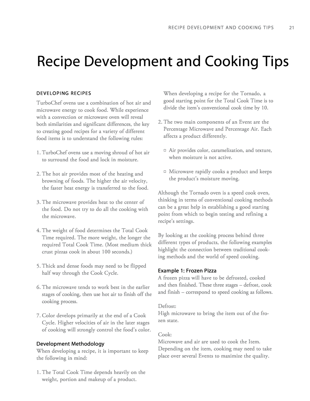 Turbo Chef Technologies Tornado 2 owner manual Recipe Development and Cooking Tips 