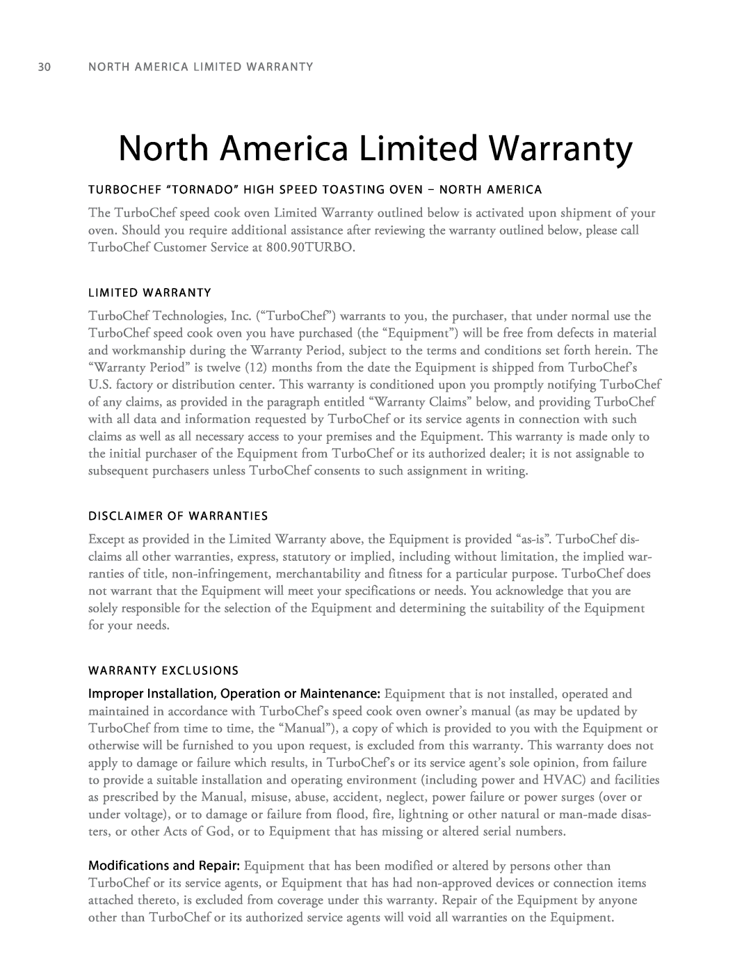 Turbo Chef Technologies Tornado 2 North America Limited Warranty, Disclaimer Of Warranties, Warranty Exclusions 