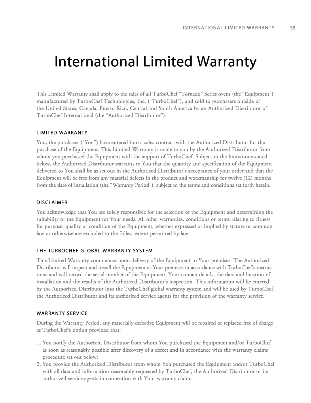 Turbo Chef Technologies Tornado 2 International Limited Warranty, L i m i ted Warranty, Disclaimer, Warranty Service 